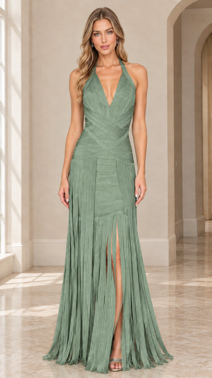 Front view of sage green halter bandage fringe maxi dress with high slit
