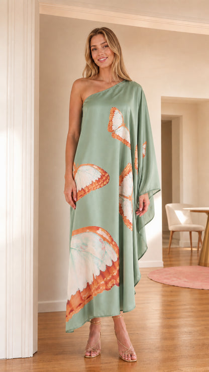 Front view of model wearing Sage Green one-shoulder butterfly print satin kaftan maxi dress