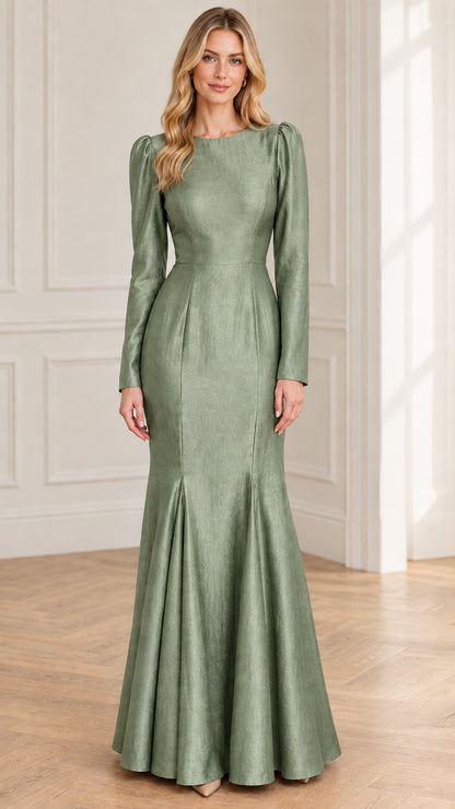 Sage Green long sleeve floor-length trumpet evening gown