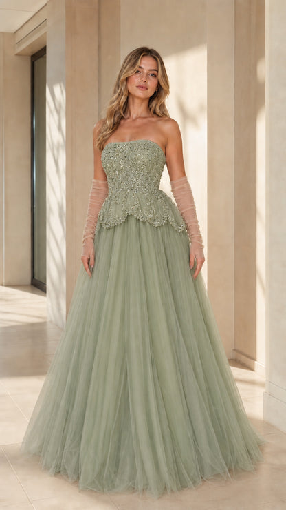 Full-length front view of the strapless beaded tulle ballgown in sage green