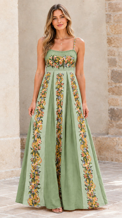 Full-length view of sage green floral pleated maxi dress