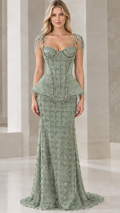 Front view of model wearing sage green beaded corset peplum evening gown