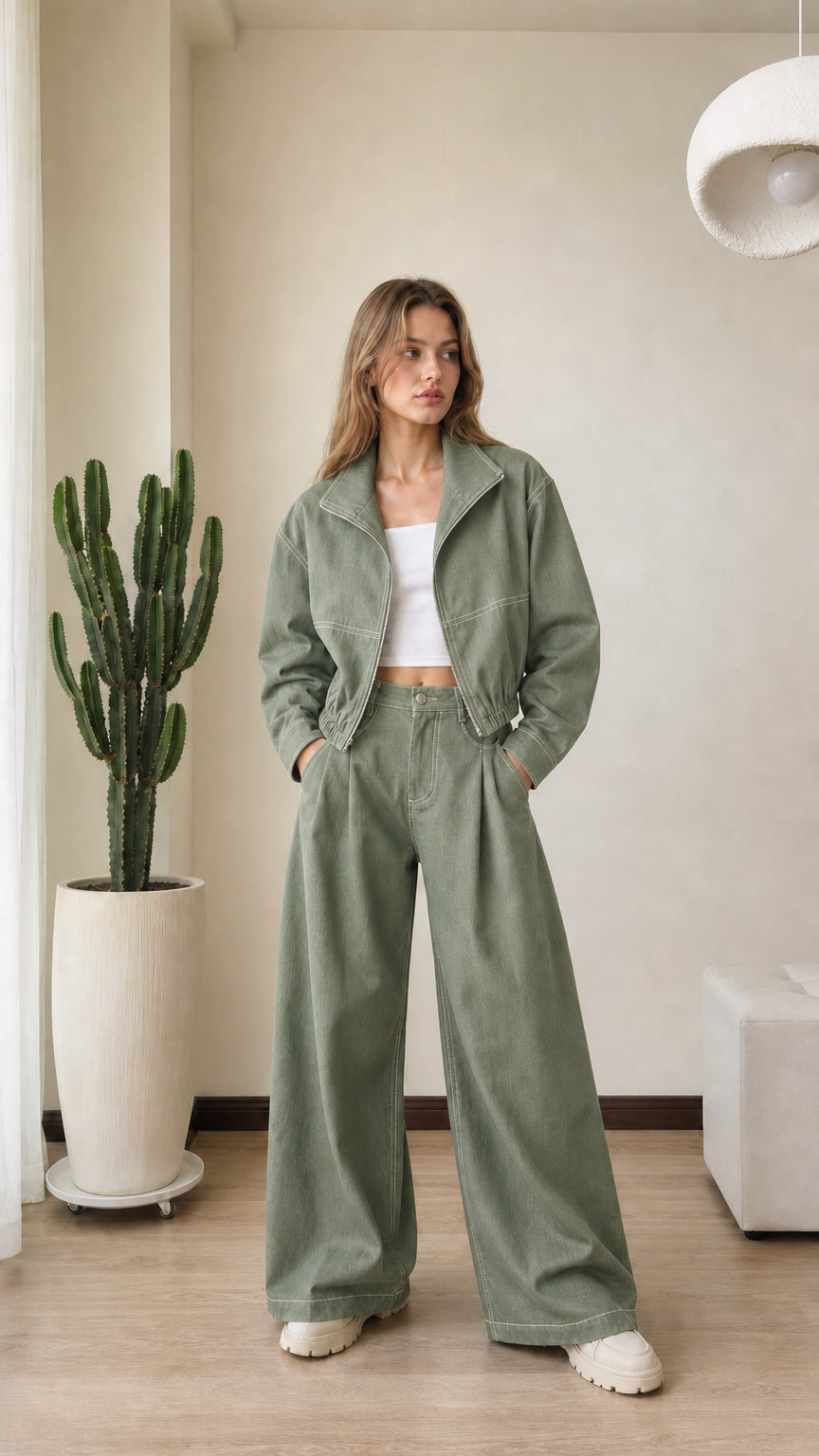 Full front view of model wearing sage green denim cropped jacket and wide pants set