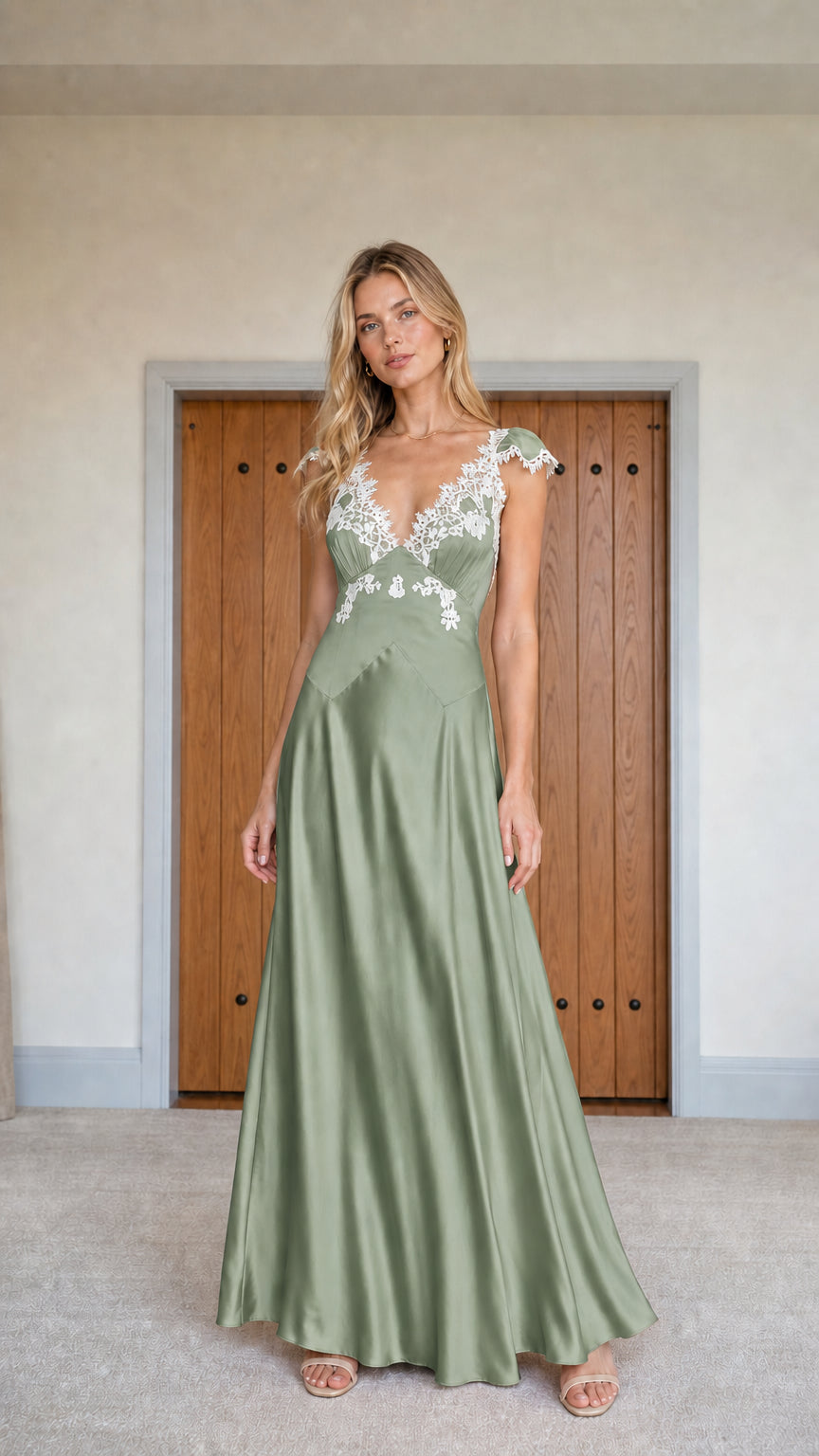Full view of sage green satin lace-trim maxi dress variant
