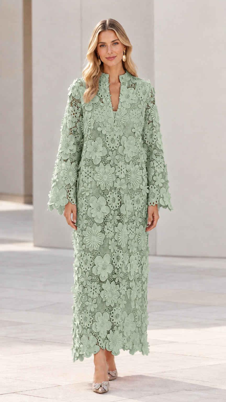 Full-length front view of woman wearing Sage Green floral lace long sleeve maxi dress