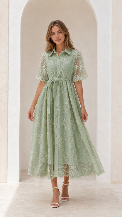 Front view of sage green floral lace button-front midi dress