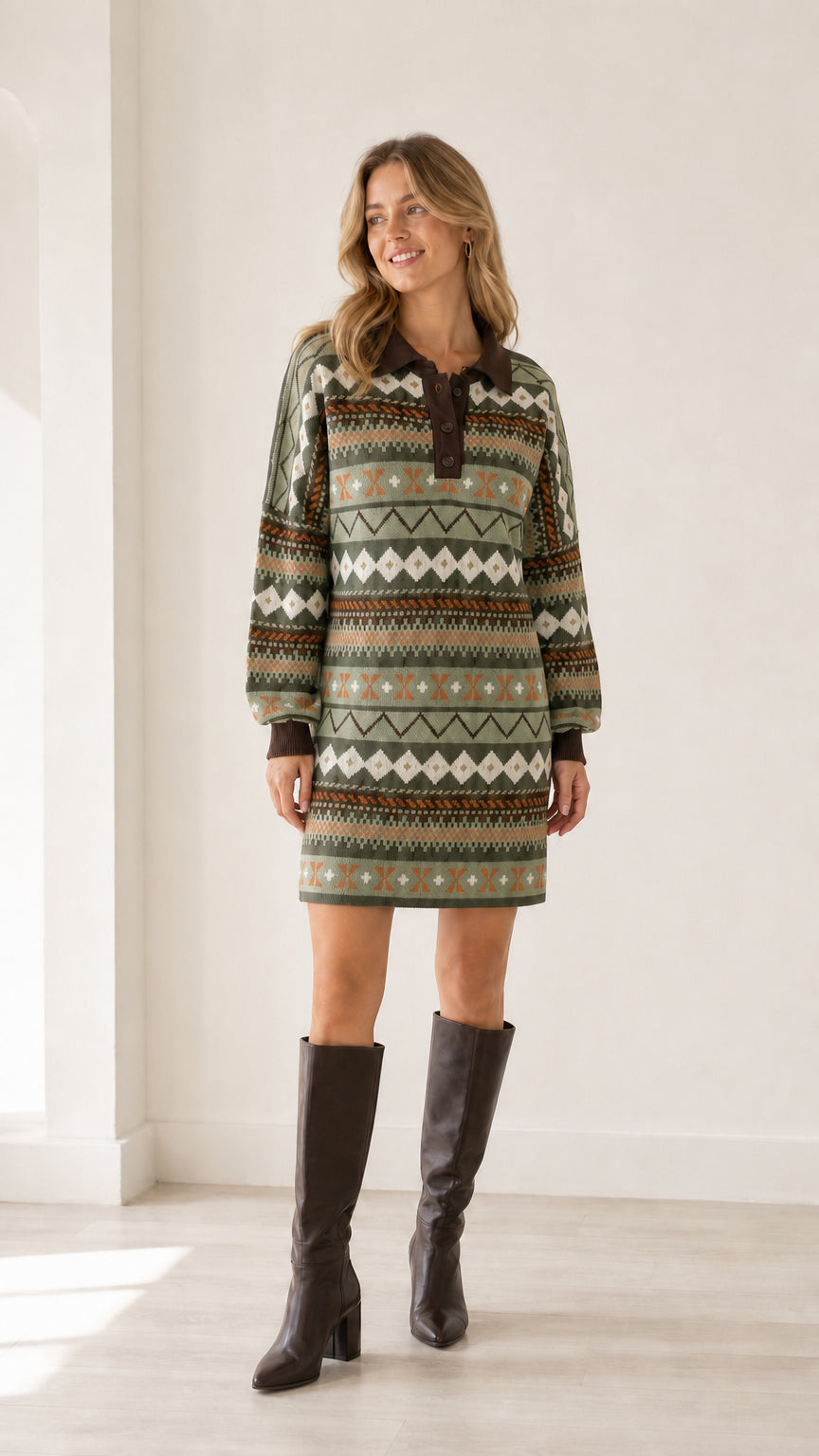 Model wearing sage green geometric pattern long sleeve polo knit sweater dress