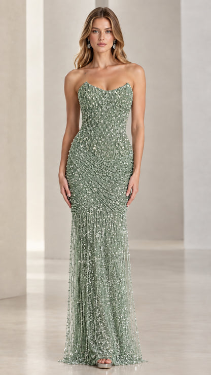 Strapless beaded sequin evening gown in sage green