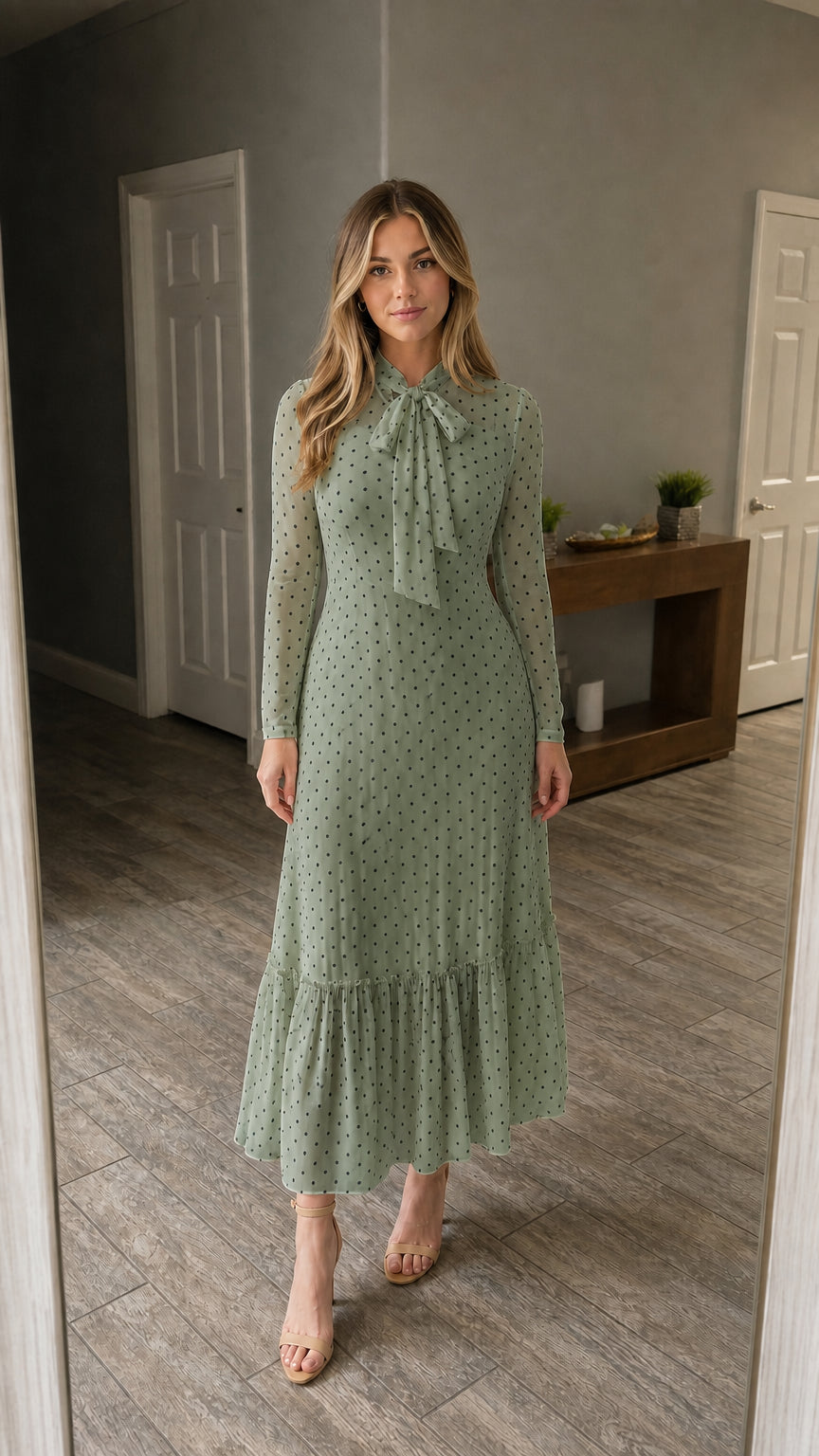 Front view of sage green polka dot long sleeve maxi dress