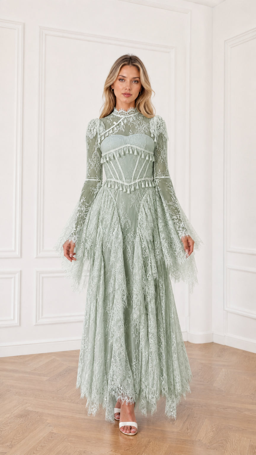 Sage Green long sleeve bohemian lace maxi dress with open back