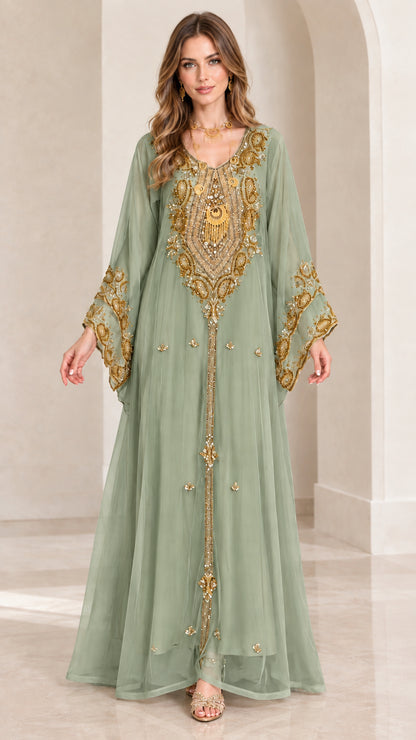 Front view of sage green gold embroidered long sleeve abaya kaftan