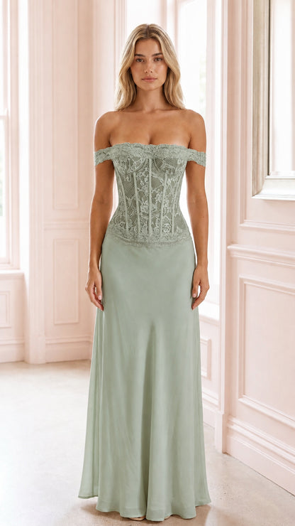 Front view of sage green off-shoulder lace corset evening dress