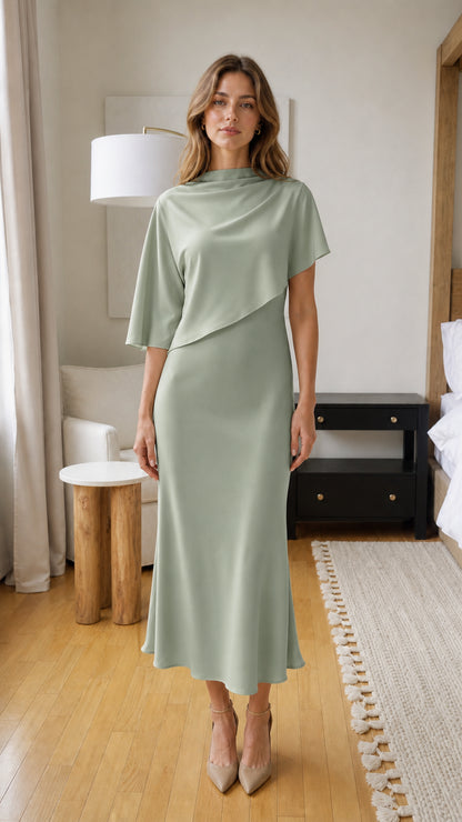 Front view of model wearing the sage green color variant