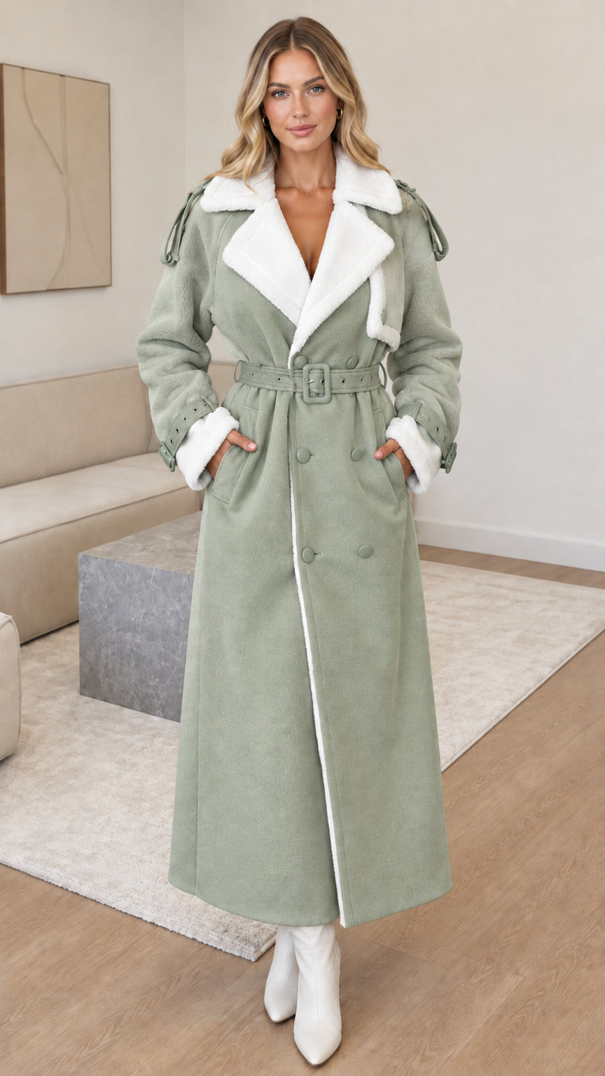 Full-length front view of woman wearing sage green faux shearling maxi coat