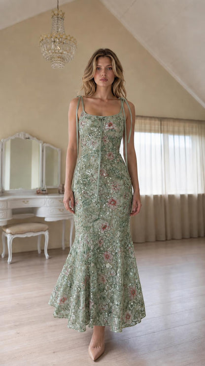 Front view of sage floral sequin mermaid maxi dress variant