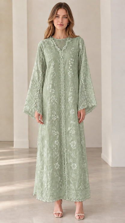 Front view of sage green embroidered lace floor-length abaya dress