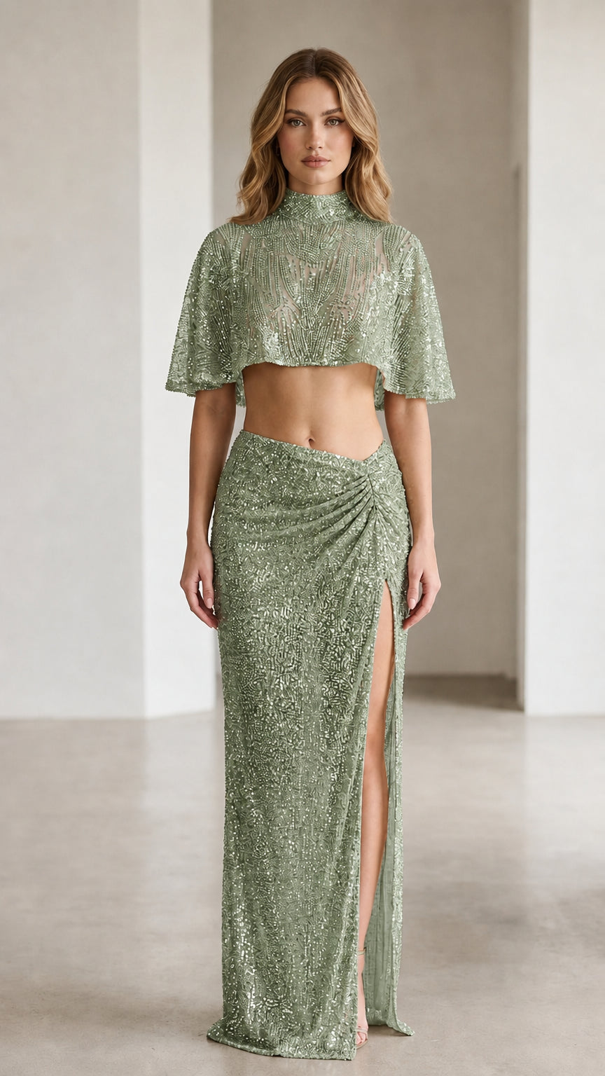 Sage green sequin crop top and ruched maxi skirt set