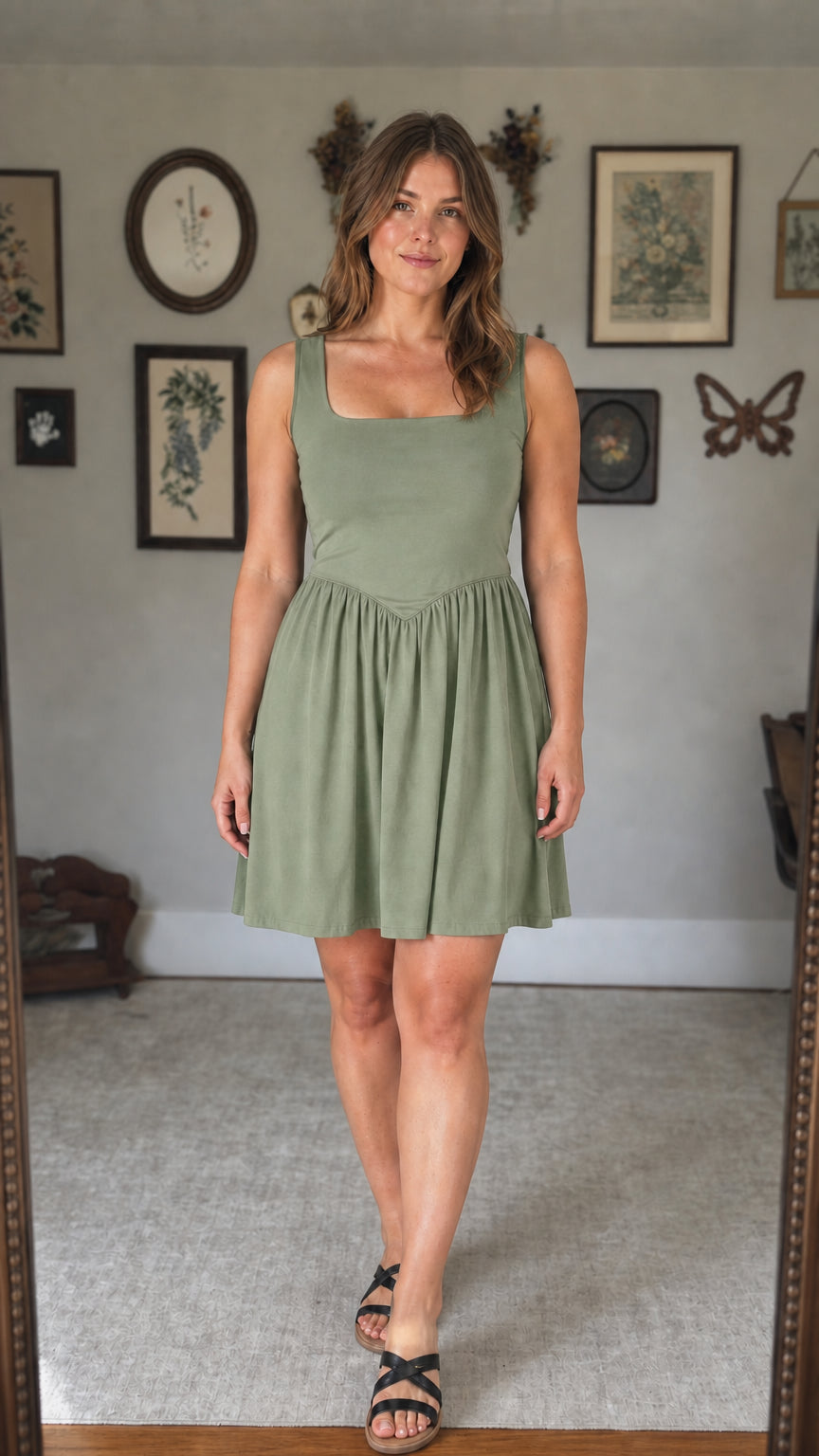 Front view of woman wearing sage green mini dress