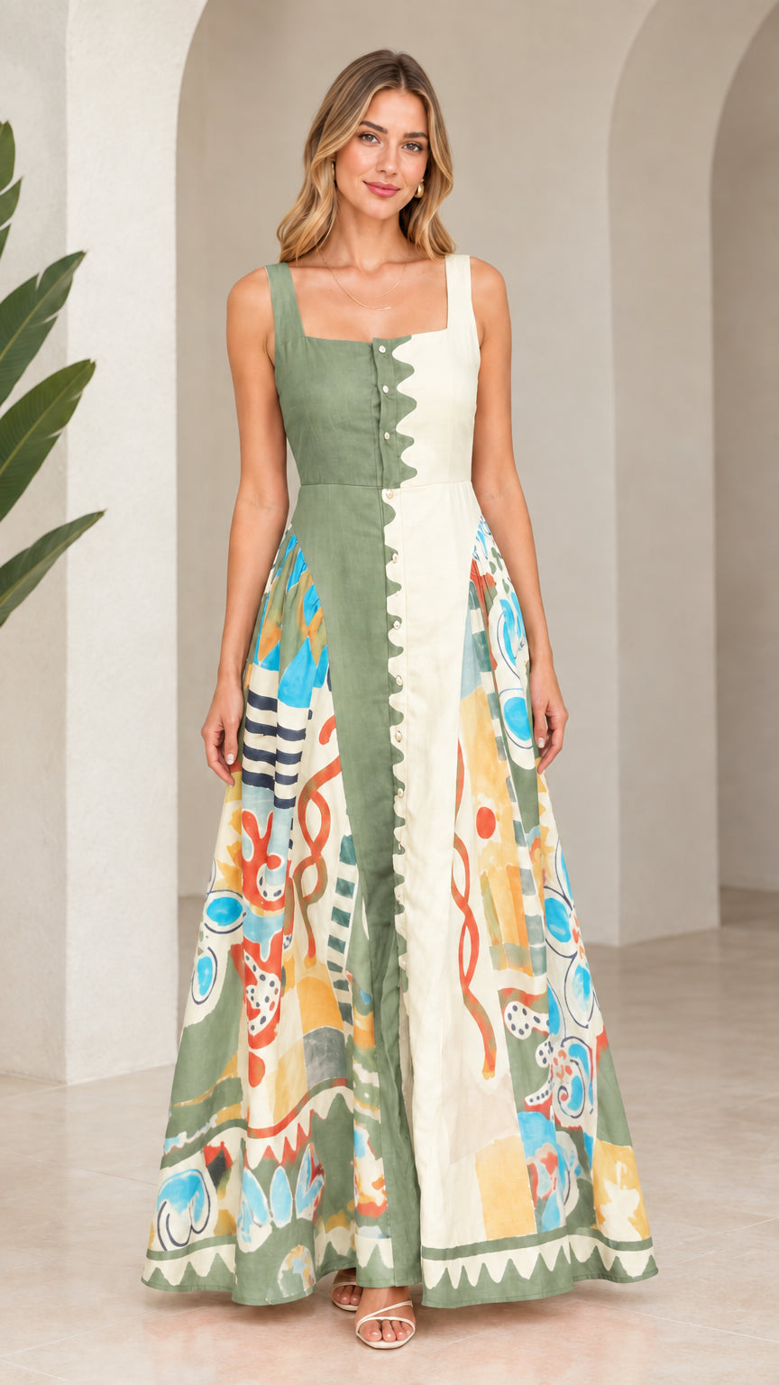 Front view of sage green and cream abstract print square neck maxi dress
