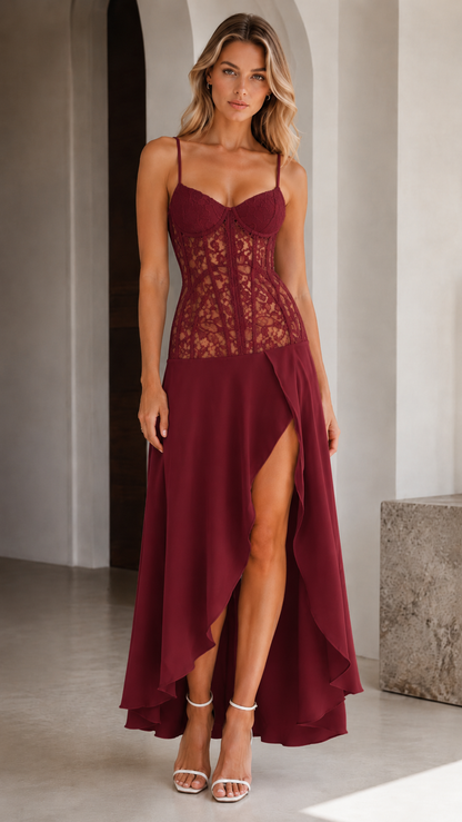 Burgundy sleeveless lace bodice high-low maxi dress