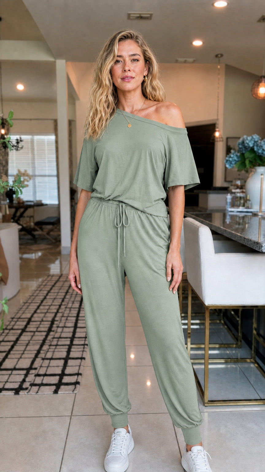 Front view of woman wearing sage green off-the-shoulder jumpsuit