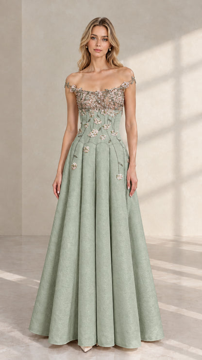 Front view of sage green off-the-shoulder pleated evening gown with floral embellishments