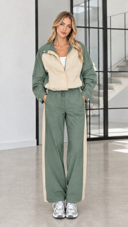 Model wearing Sage Green and beige colorblock matching loungewear set