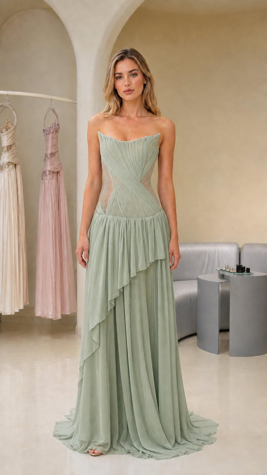 Front view of sage green strapless evening gown