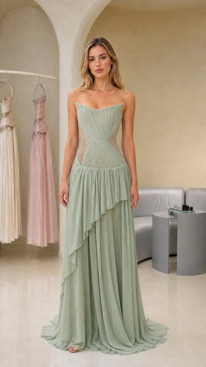 Front view of sage green strapless evening gown