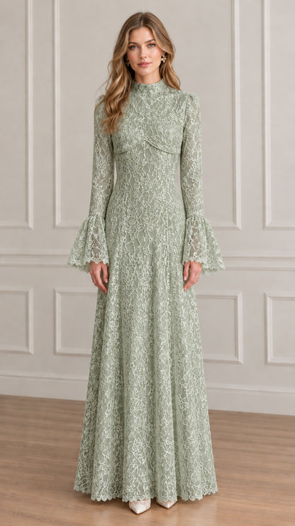 Front view of sage green floral lace long-sleeve maxi gown