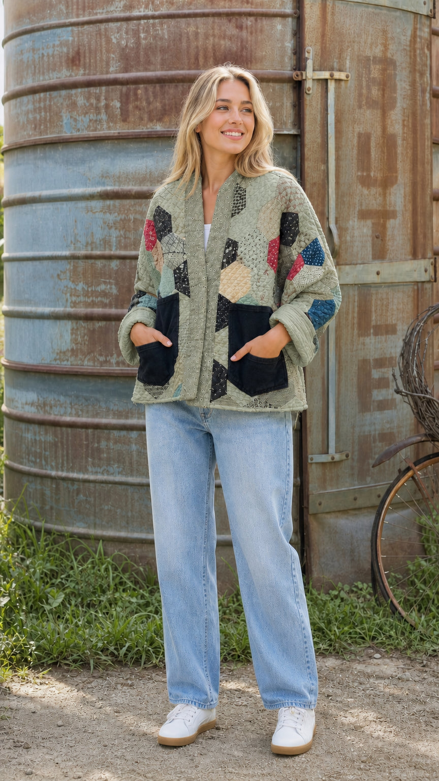 Sage green hexagon patchwork quilted jacket on model