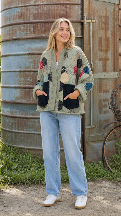 Sage green hexagon patchwork quilted jacket on model