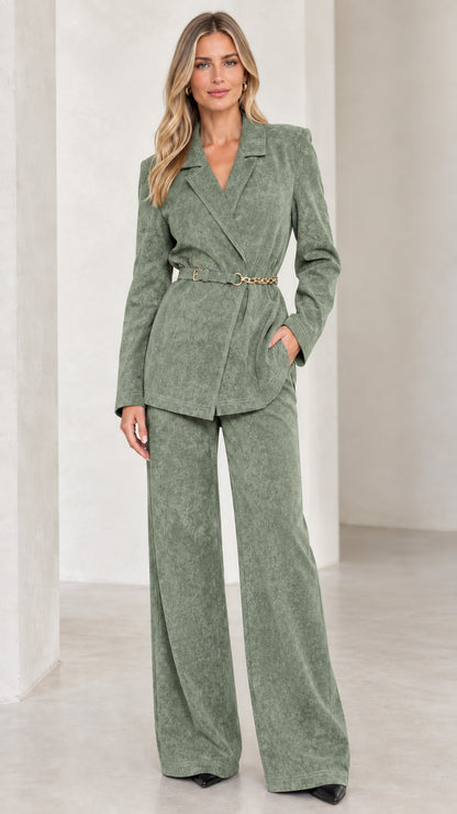Front view of women's sage green belted blazer and wide leg pants two-piece suit set
