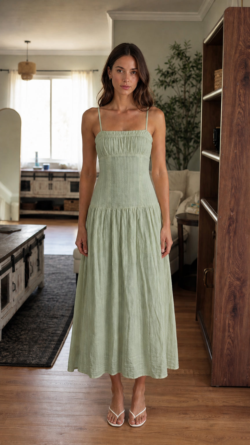Woman wearing sage green smocked midi dress