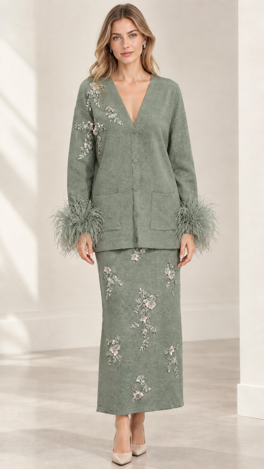 Model wearing Sage Green beaded knit cardigan and column maxi skirt set