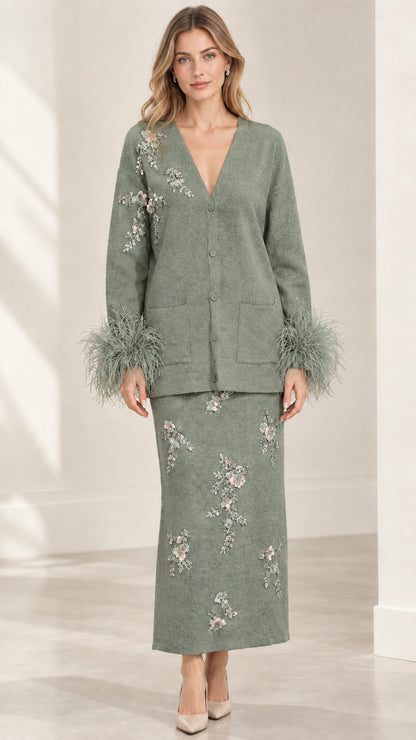 Model wearing Sage Green beaded knit cardigan and column maxi skirt set