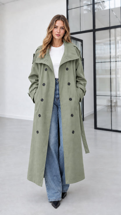 Full-length view of model wearing sage green double-breasted long trench coat
