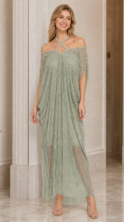 Sage green draped shimmer maxi evening dress with halter detail