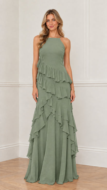 Model wearing sage green halter tiered ruffle maxi gown