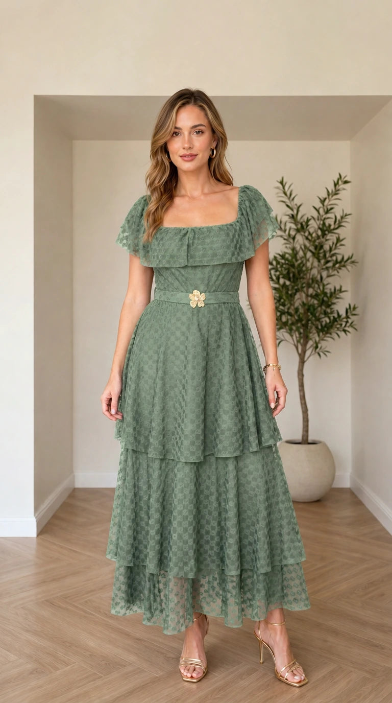 Sage green square neck tiered maxi dress with floral buckle belt