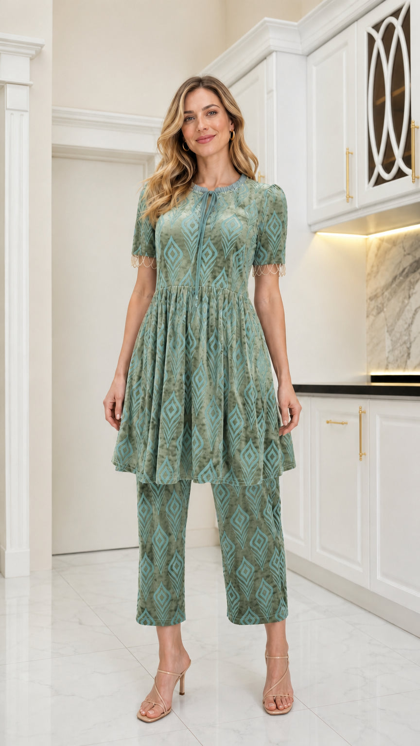 Front view of model wearing Sage Green geometric velvet tunic and pant set