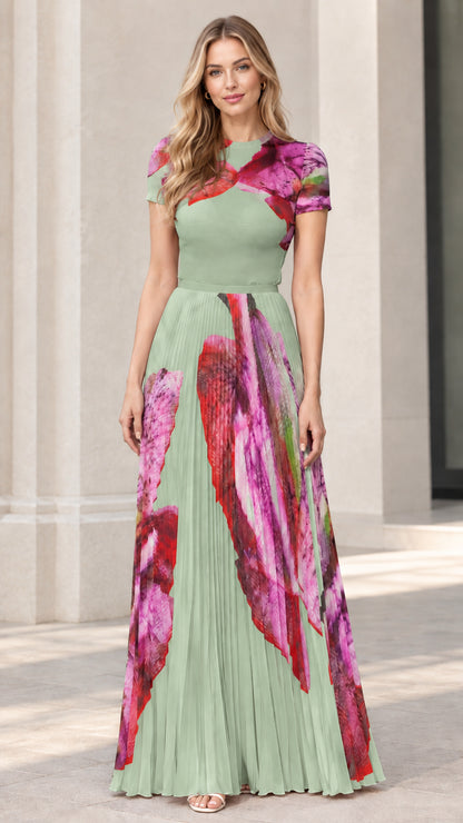 Front view of sage green short sleeve pleated floral maxi dress