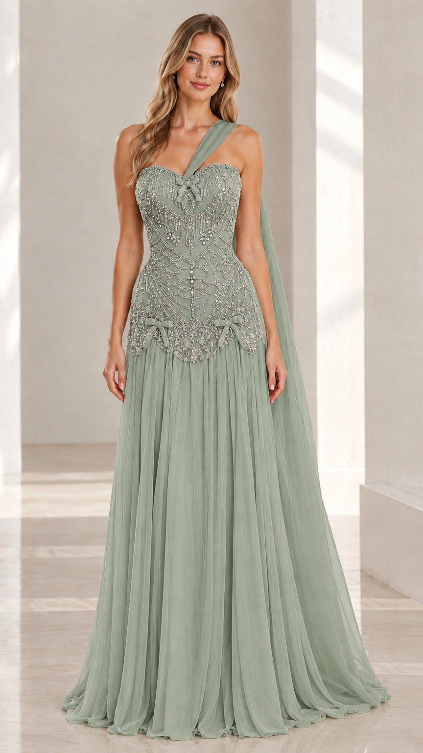Sage green beaded corset one-shoulder evening gown