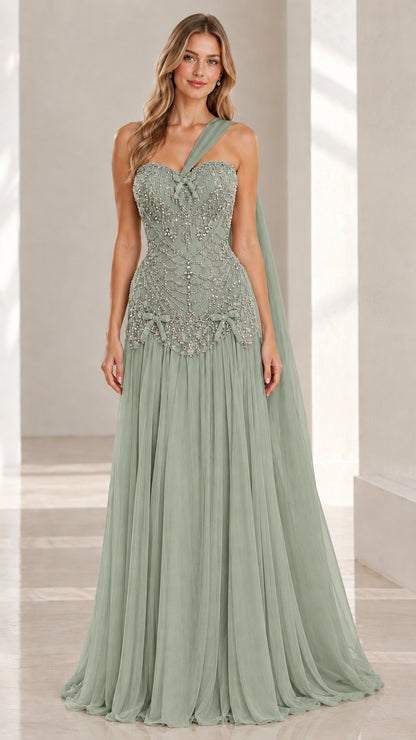 Sage green beaded corset one-shoulder evening gown
