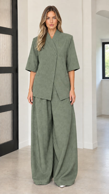 Front full-length view of model wearing Sage Green short sleeve blazer and pant set