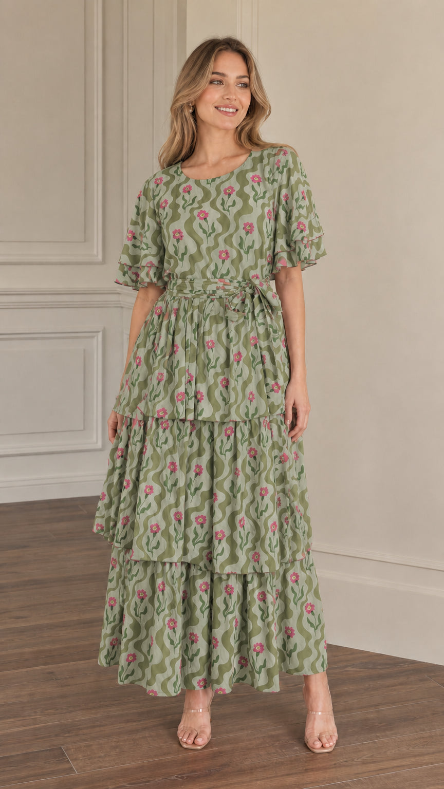 Front view of model wearing sage green floral wave print tiered maxi dress