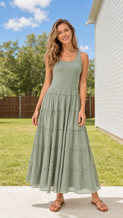 Full body view of woman wearing Sage Green scoop neck tiered maxi dress