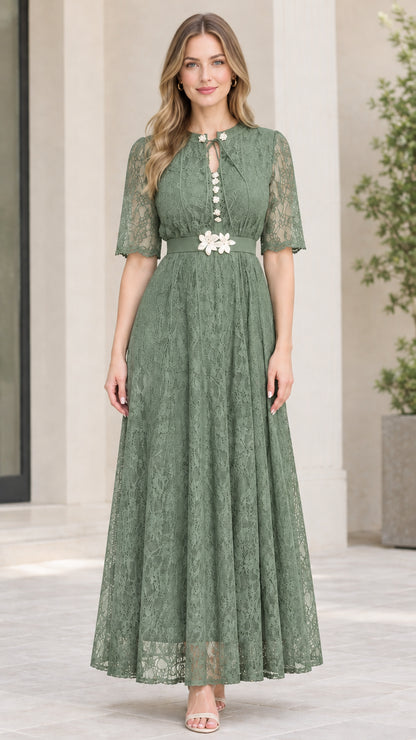 Sage green lace formal maxi dress with half sleeves and floral belt