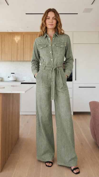 Model wearing sage green denim jumpsuit