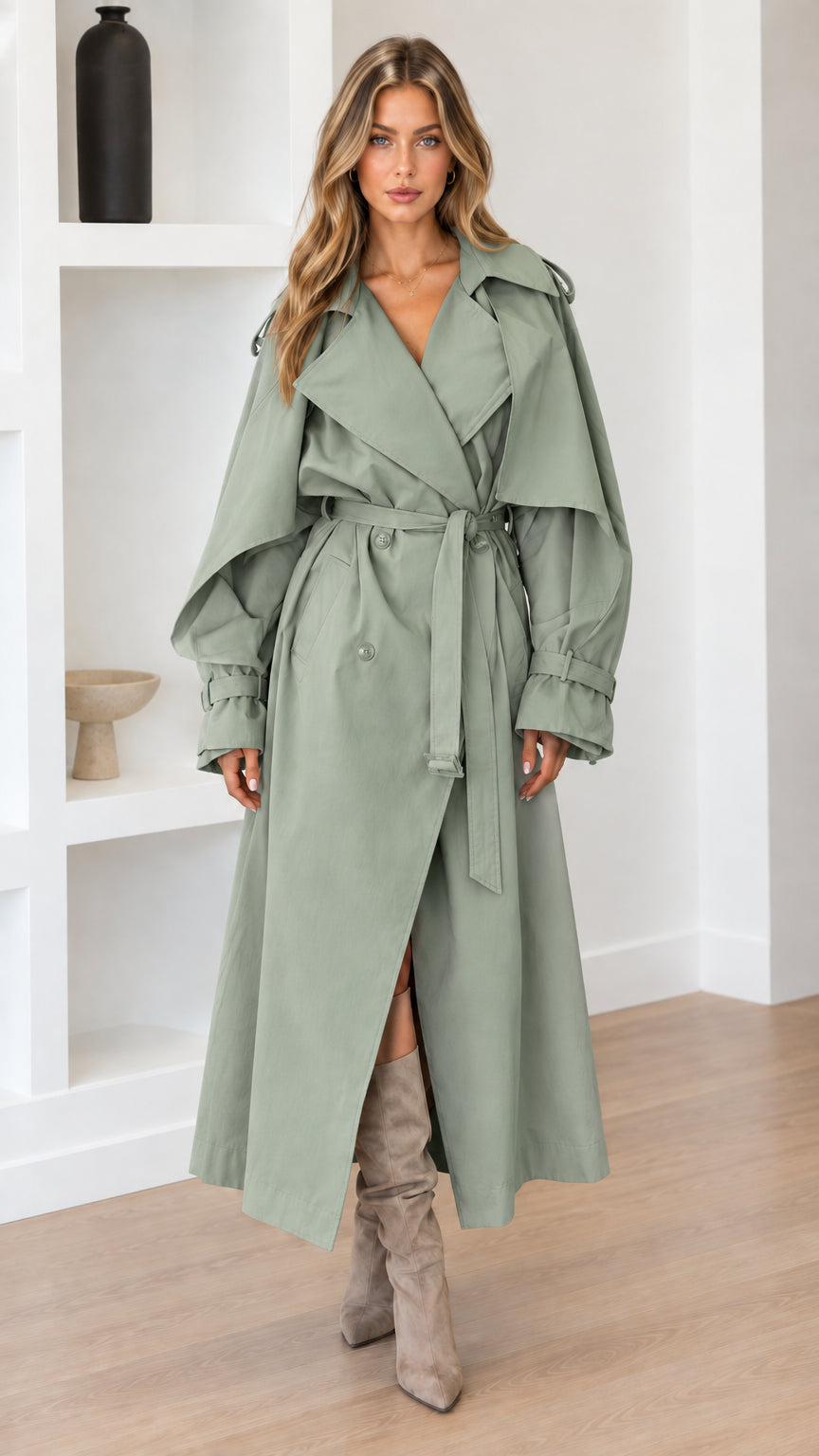Full-length view of woman wearing Sage Green belted longline trench coat